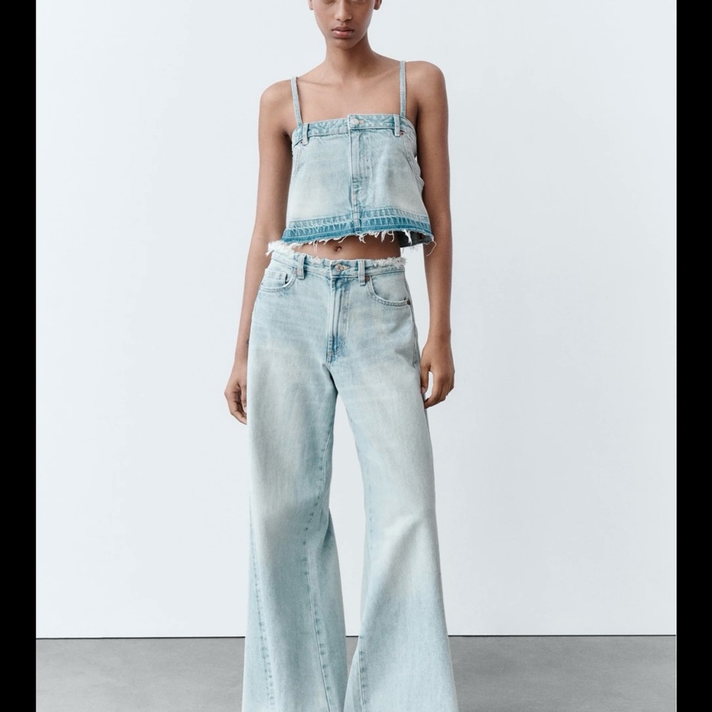 NWOT ZARA Women's Light Blue Jean Mini Skirt Crop Tank Top size Medium